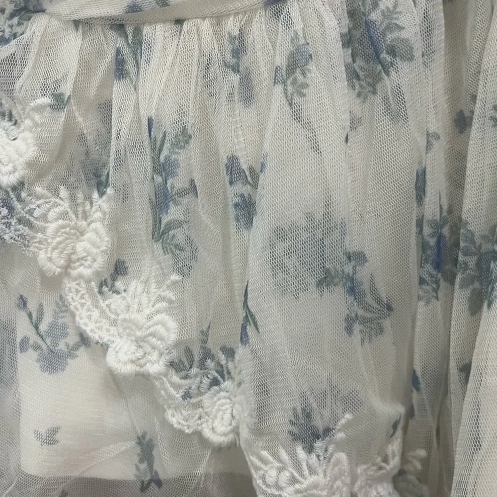 Free People White Sheer Floral Ruffle Button-Front Tank Top
